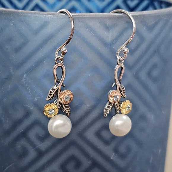 PZ Israel 925 Silver with Blue Topaz and Freshwater Pearls Drop Earrings - Picture 5 of 15